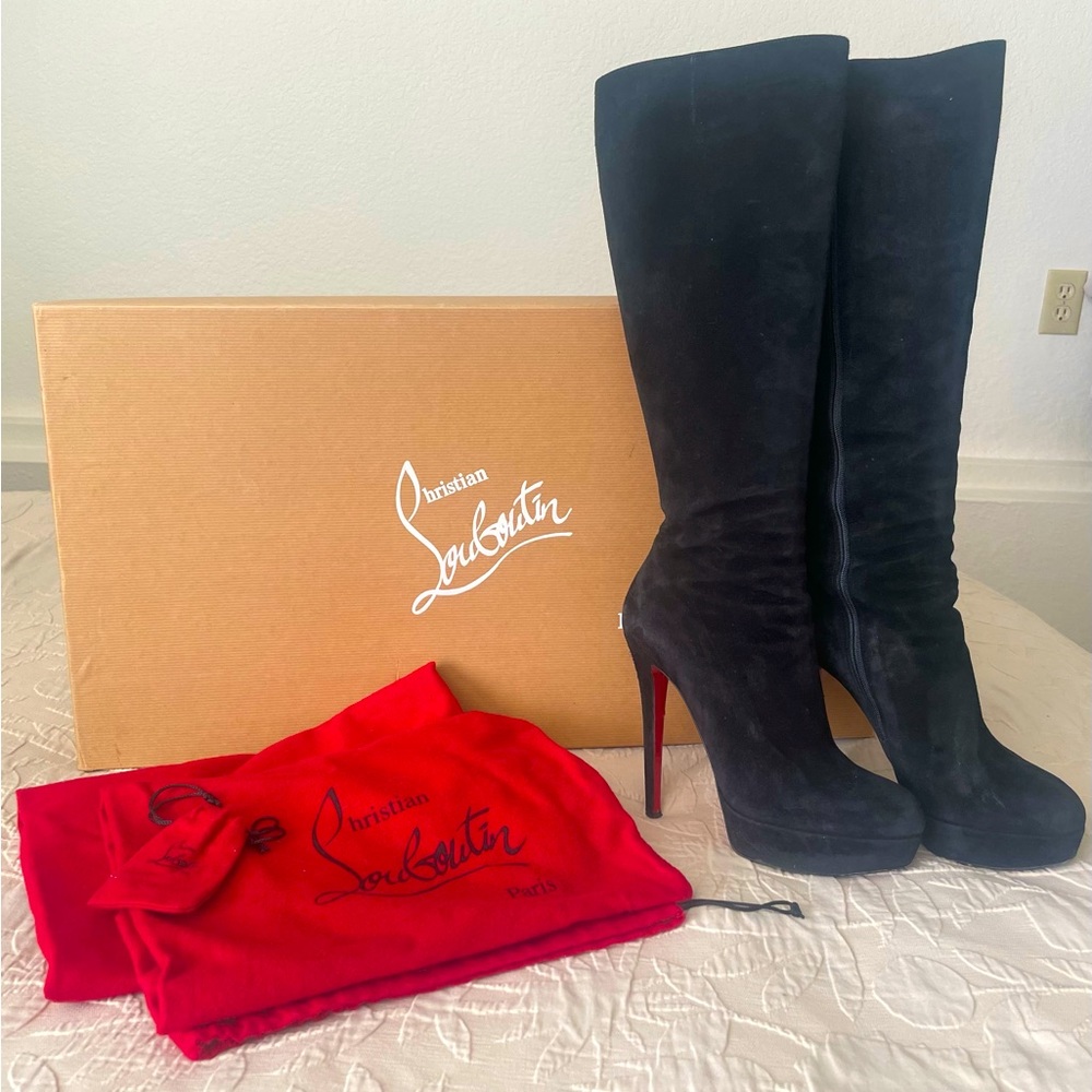 Christian Louboutin Authentic Knee High black suede platform boots size 38.5.